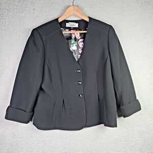 Tahari Arthur S Levine Black Floral Lined Blazer Jacket 14 Boxy Career Modern